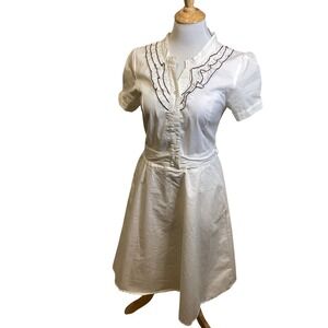 MIKAROSE Womens White Short Sleeve Ruffled Collar Button Front Midi Dress Size M